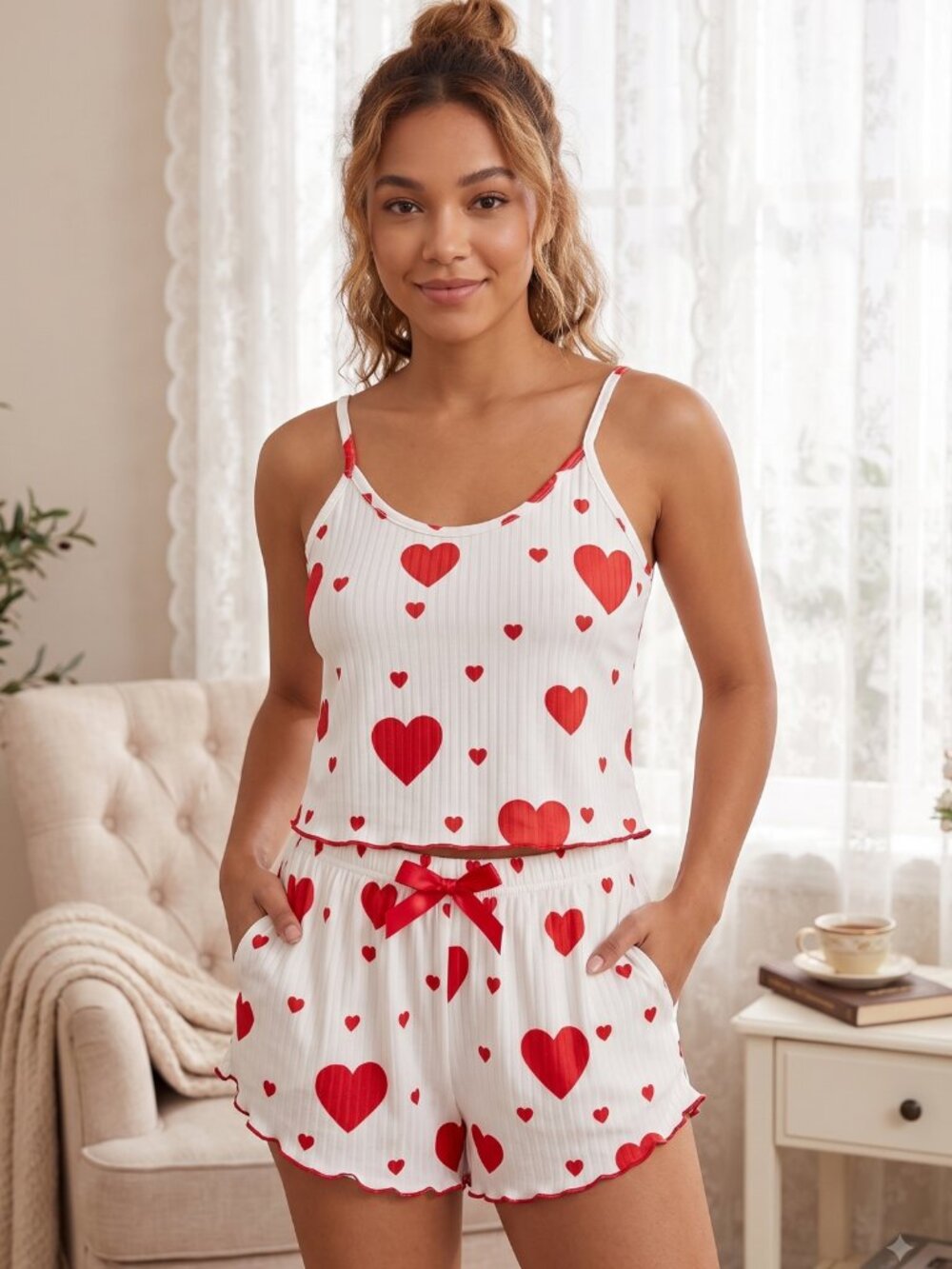 NWT BeOneDesire White Red Heart Ribbed Cami Ruffle Shorts Pajama Set Small